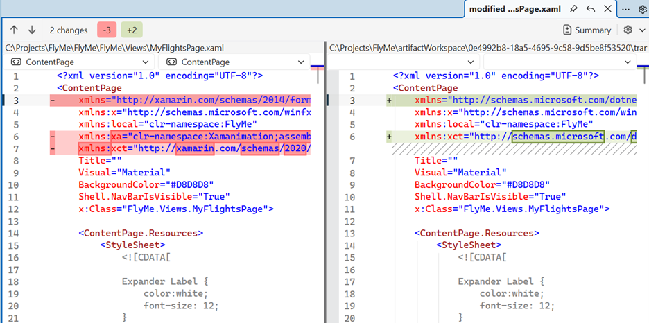 Screenshot showing XAML code diff side by side