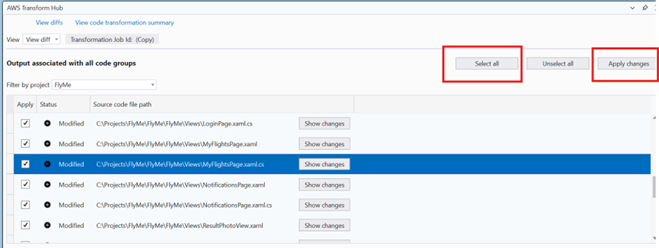 Screenshot showing Select and apply changes to the project