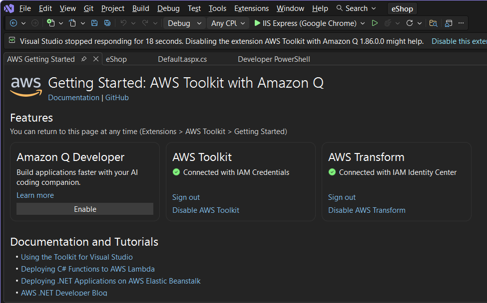 Screenshot of AWS Toolkit Getting Started screen showing AWS Transform sign-in panel.