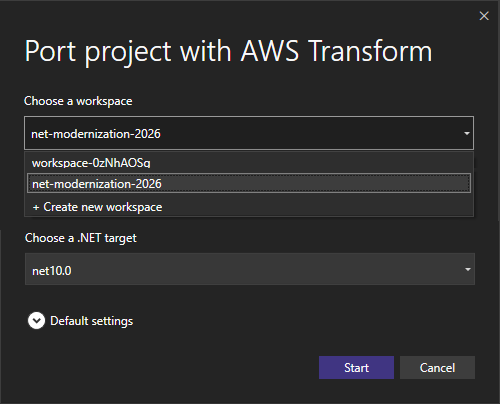 Screenshot of port solution dialog in Visual Studio showing workspace selection dropdown.