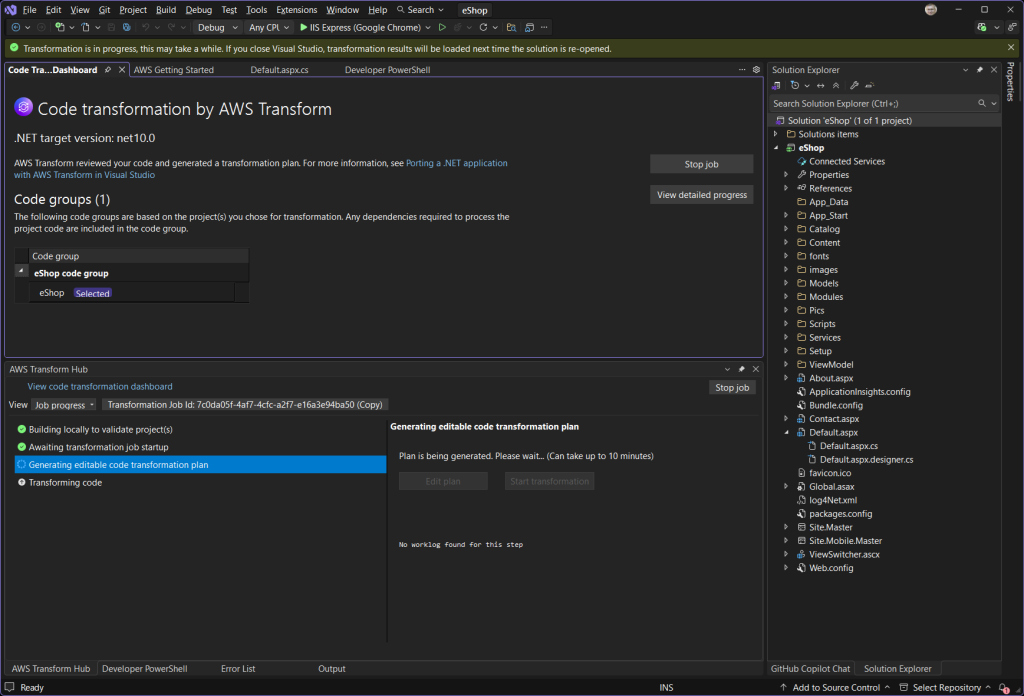 Screenshot of transformation job in Visual Studio with banner notification that job has started.