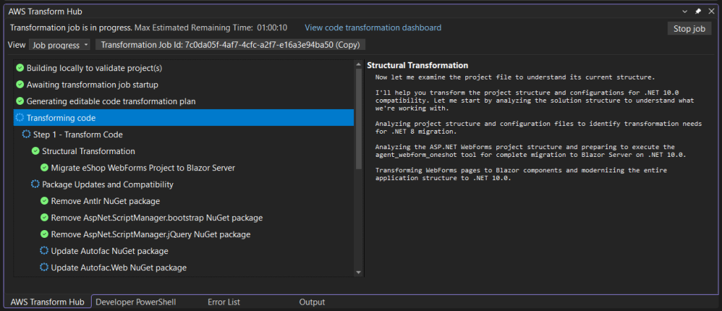 Screenshot of AWS Transform Hub in Visual Studio showing structural transformation progress details.