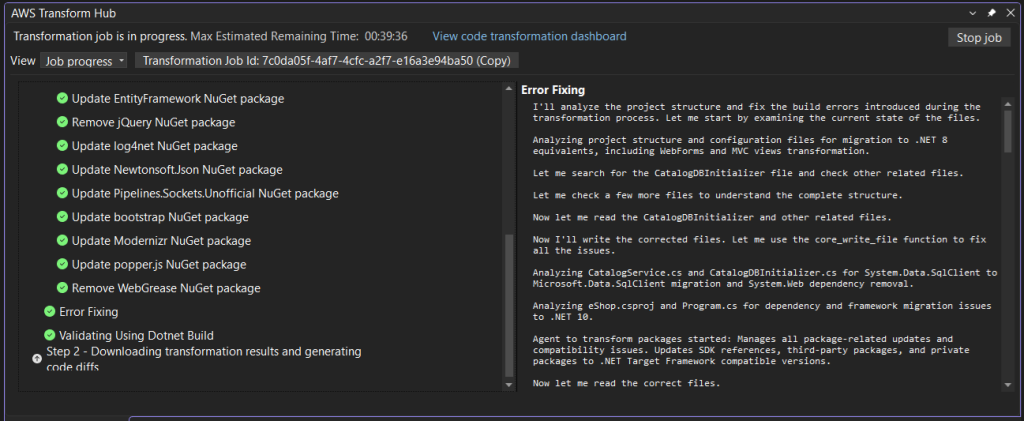 Screenshot of AWS Transform Hub in Visual Studio showing error fixing progress details.