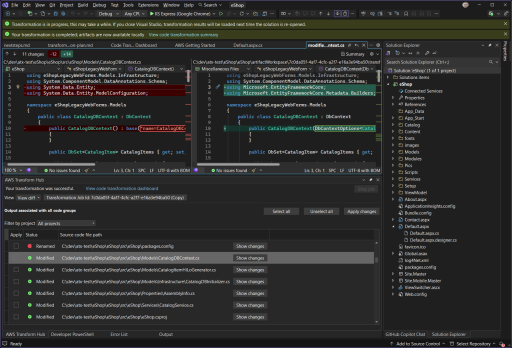 Screenshot of code diffs in Visual Studio showing side-by-side transformation file changes.