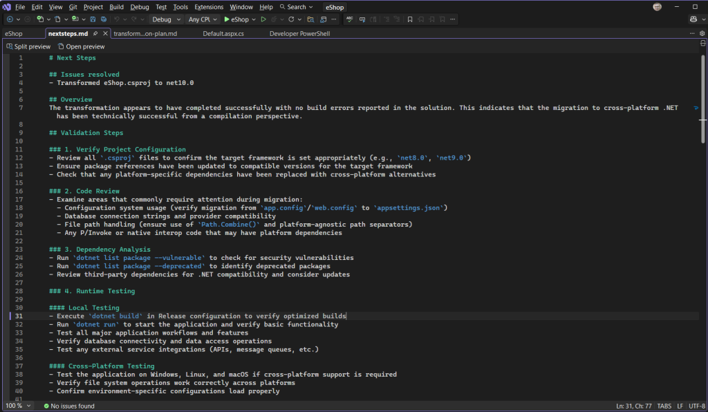 Screenshot of next steps markdown open in code editor