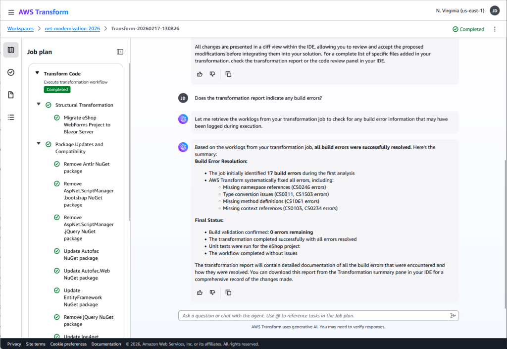 Screenshot of web console showing IDE job progress and a chat query about transformation activity.