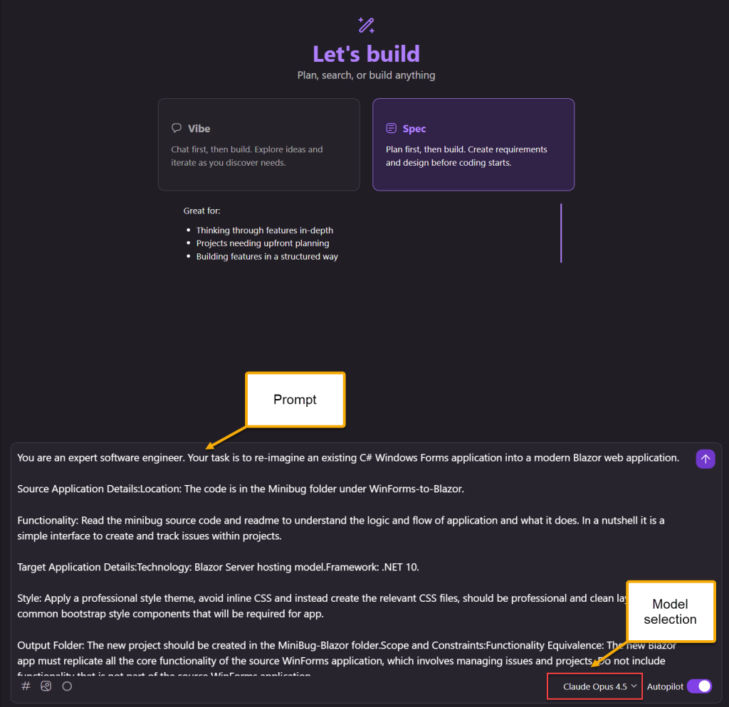 Kiro IDE Prompt and model selection
