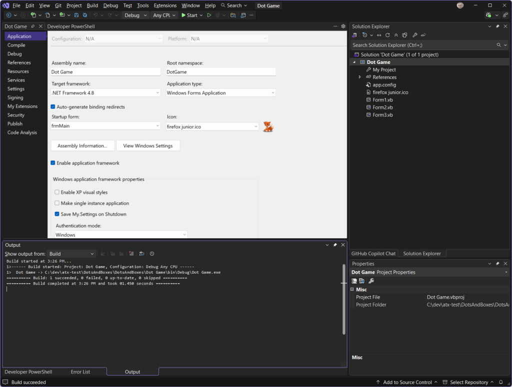 Screenshot of Dot and Boxes project properties in Visual Studio showing .NET Framework version 4.8.