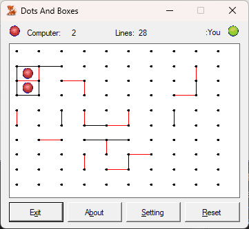Screenshot of original Dot and Boxes application running.