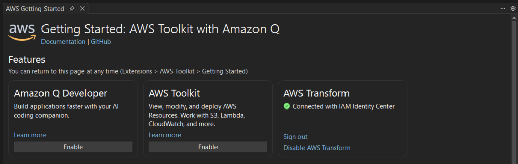 Screenshot of AWS Toolkit Getting Started screen showing signed in on AWS Transform panel.