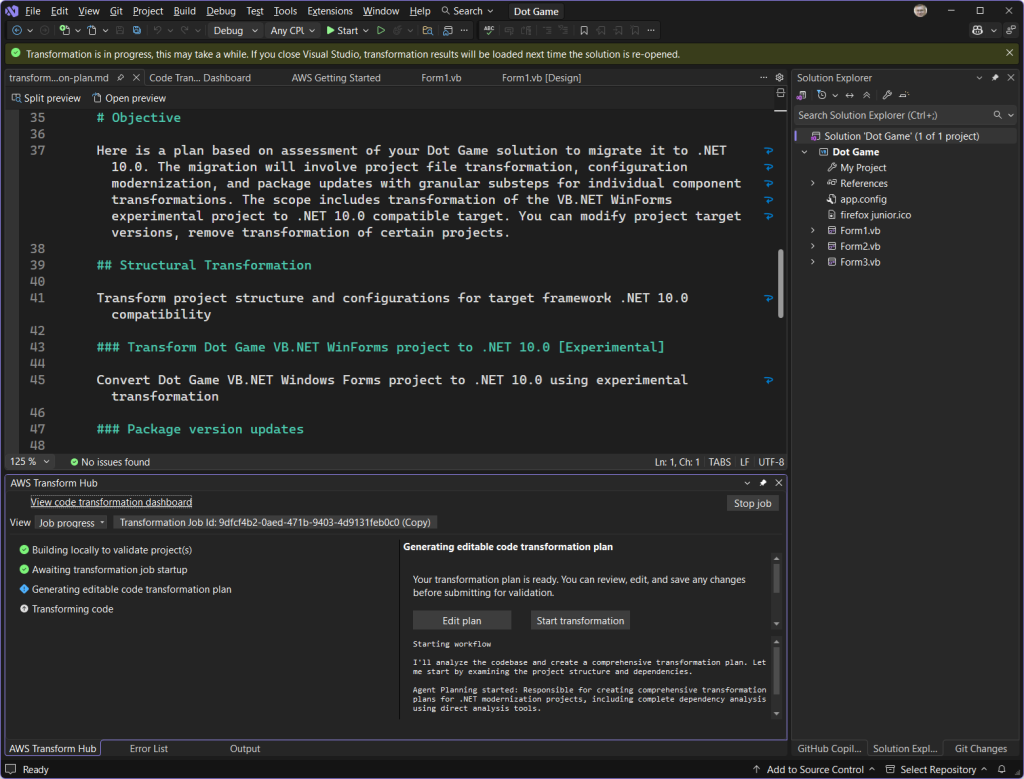 Screenshot of transformation plan open in code editor