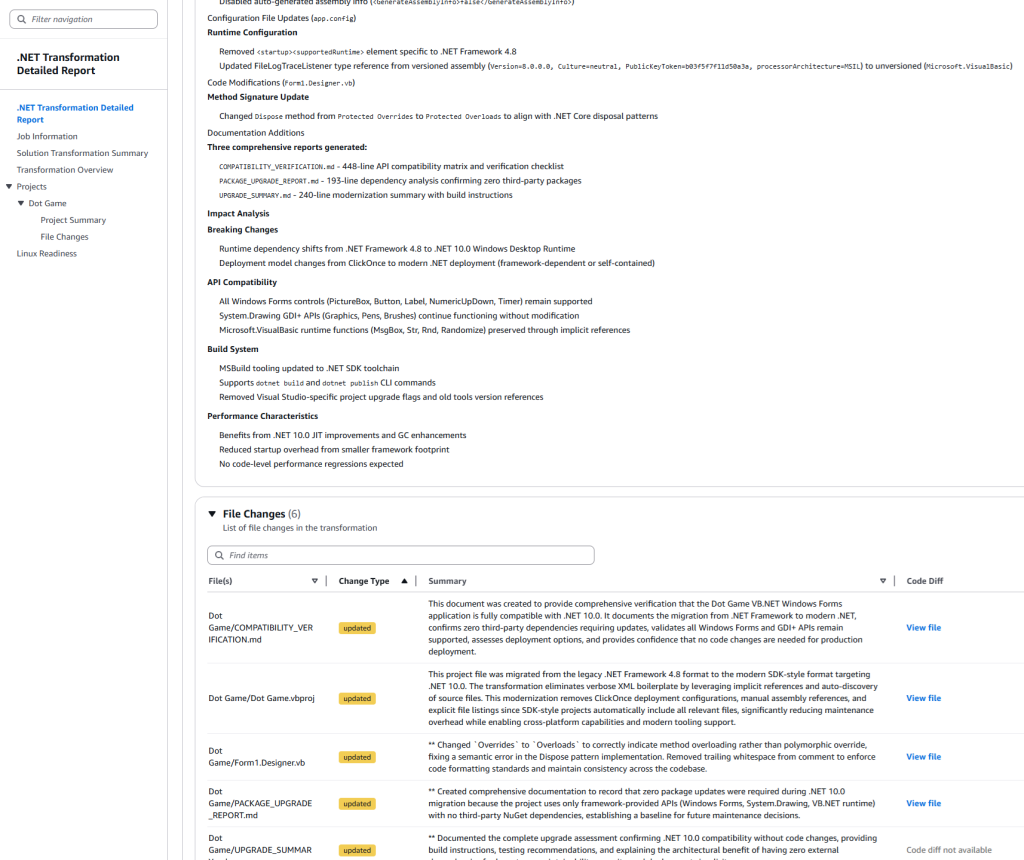 Transformation report showing project changes summary and file change details.