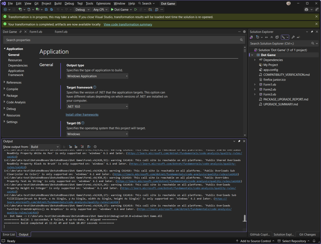 Screenshot of transformation .NET application properties in Visual Studio showing .NET version 10 and successful build.