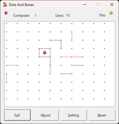 Screenshot of transformed Dot and Boxes application running.