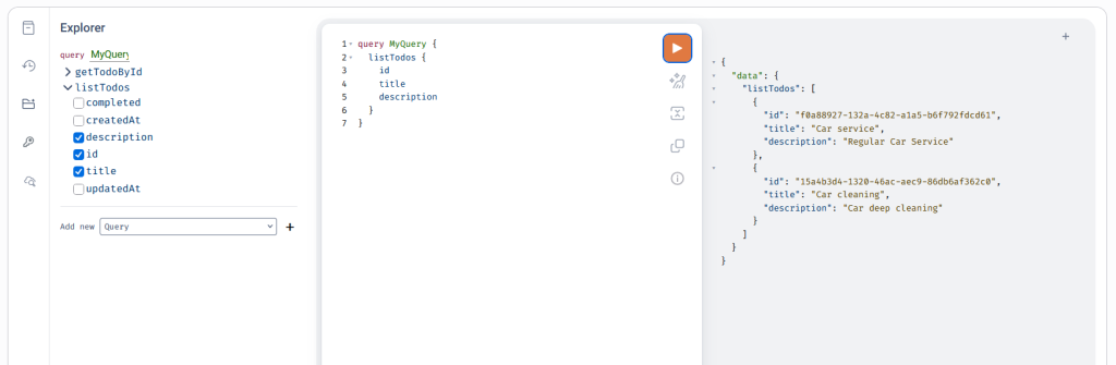 GraphQL API testing interface in AWS console