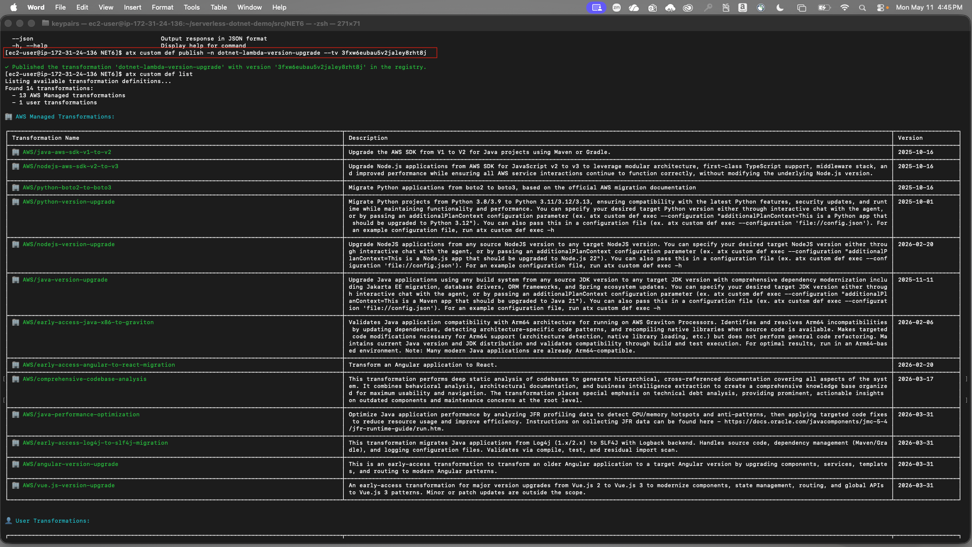 Terminal executing publish command to register the custom transformation definition in the AWS Transform registry.