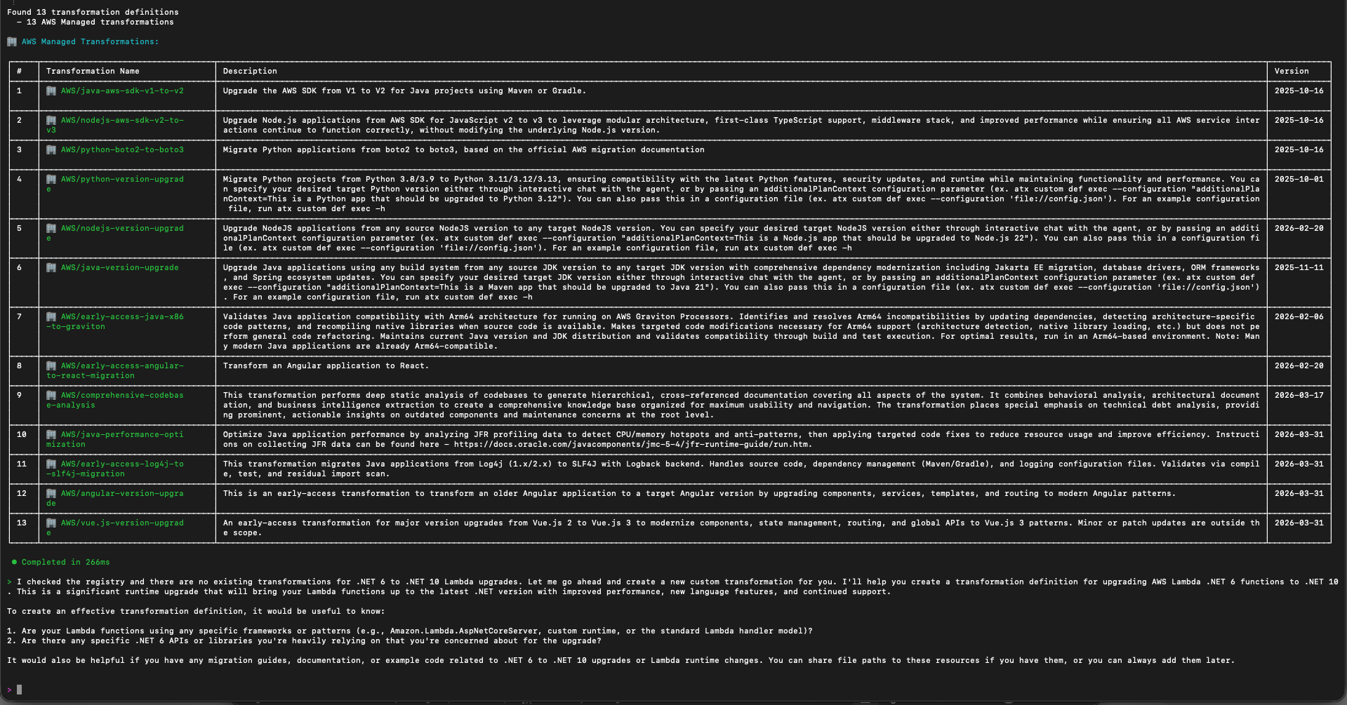 Registry table listing 13 AWS Managed transformation definitions available for Python, Java, and Node.js upgrades.