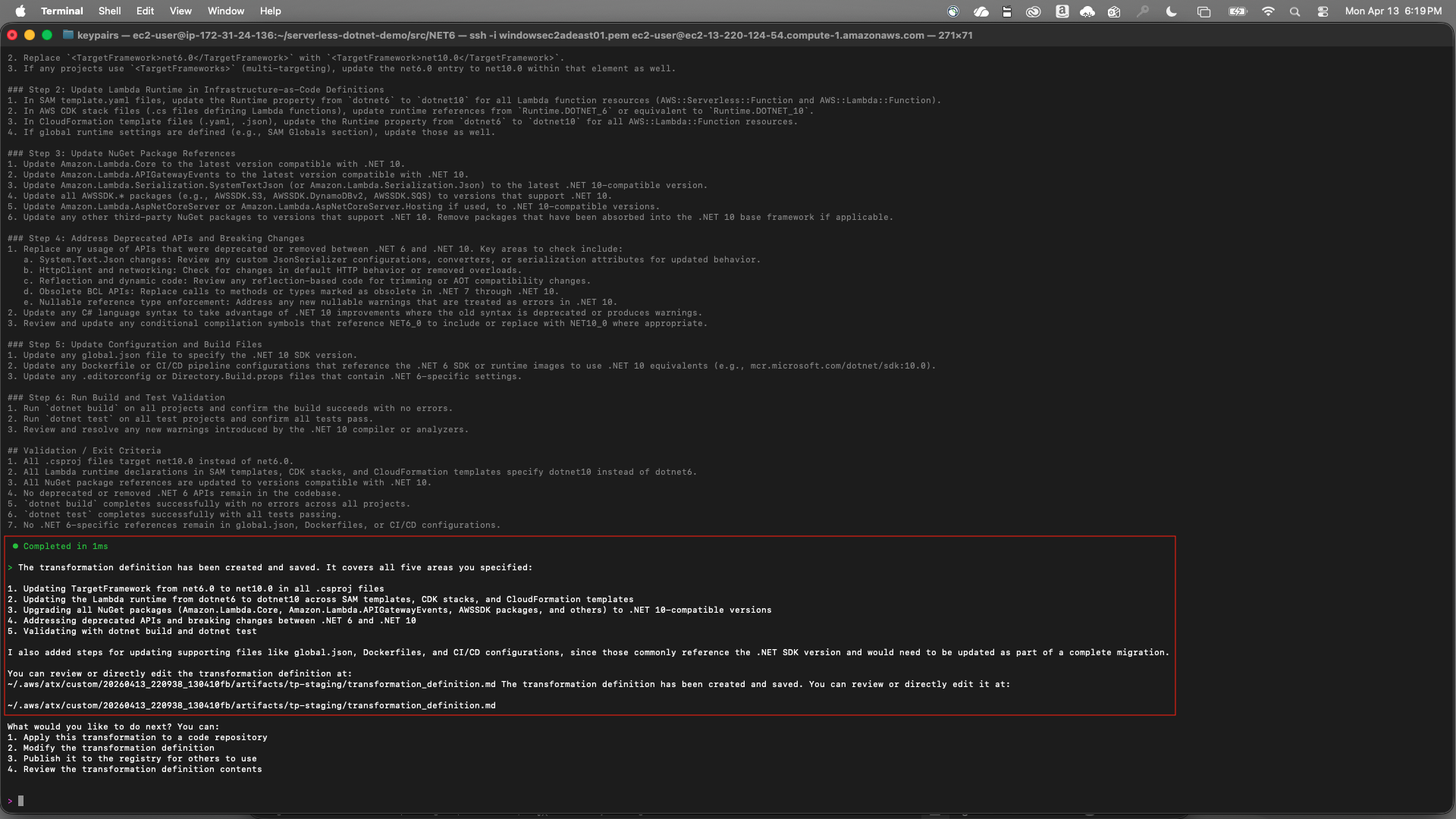 Agent-generated transformation plan showing upgrade steps with confirmation of initial definition creation.