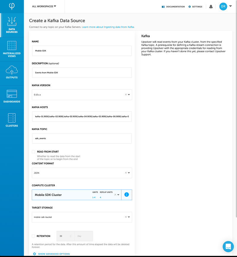 Image of the Upsolver UI showing the "Data Sources" tab is open to the "Create a Kafka Data Source" page with "Mobile SDK Cluster" highlighted under the "Compute Cluster" section.