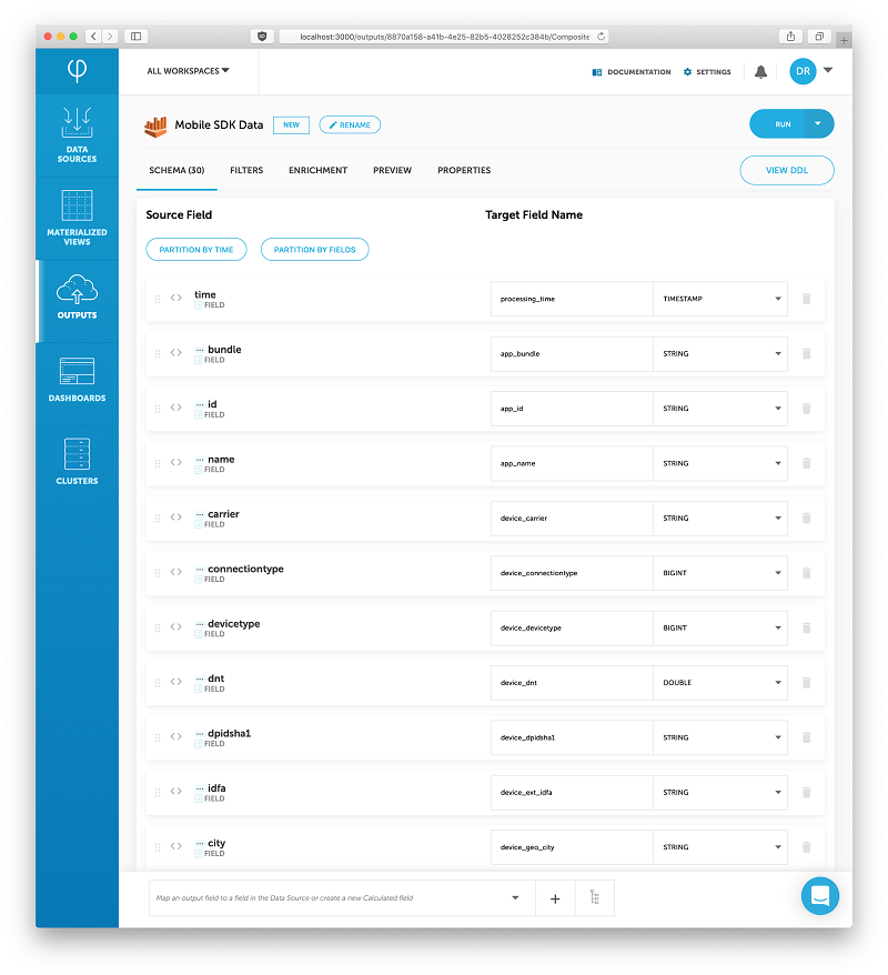 Image of the Upsolver UI showing the "Outputs" tab is open to the "Mobile SDK Data" page.