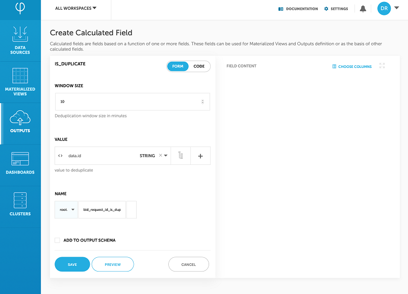 Image showing the Upsolver UI with the "Outputs" tab selected, showing the "Create Calcuated Field" page.