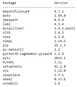 출력에 Python 패키지와 버전 목록이 표시됩니다.