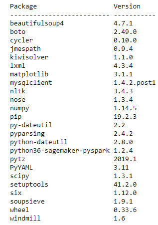 출력에 Python 패키지와 버전 목록이 표시됩니다.