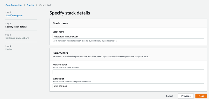enter cloud formation stack details