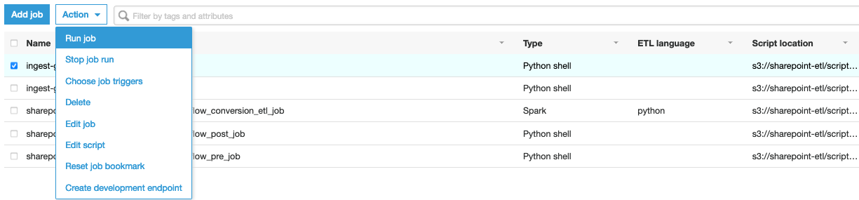 glue job action menu