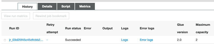 glue job history tab