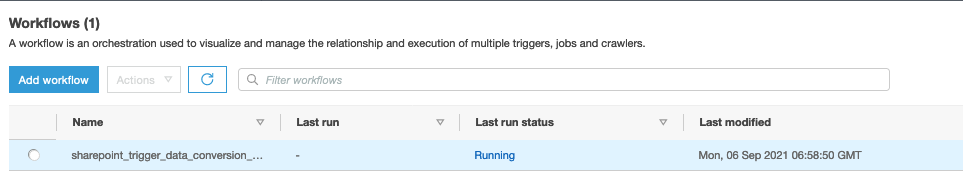 glue workflow running status