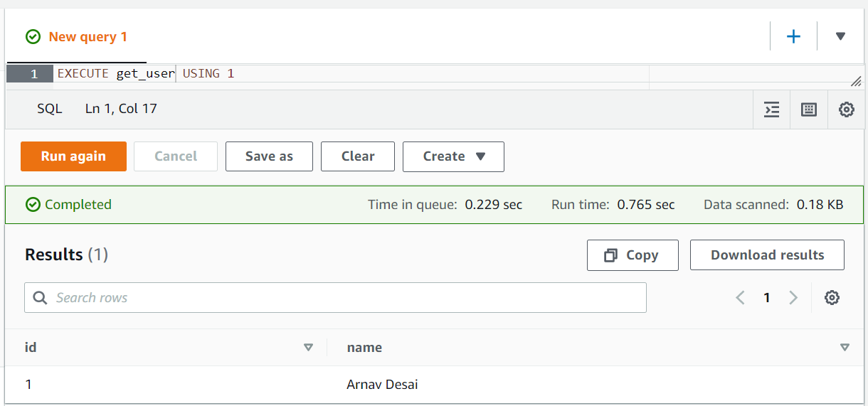 Graphical user interface of Athena running query EXECUTE get_user USING 1. Only the user with id 1 returned.
