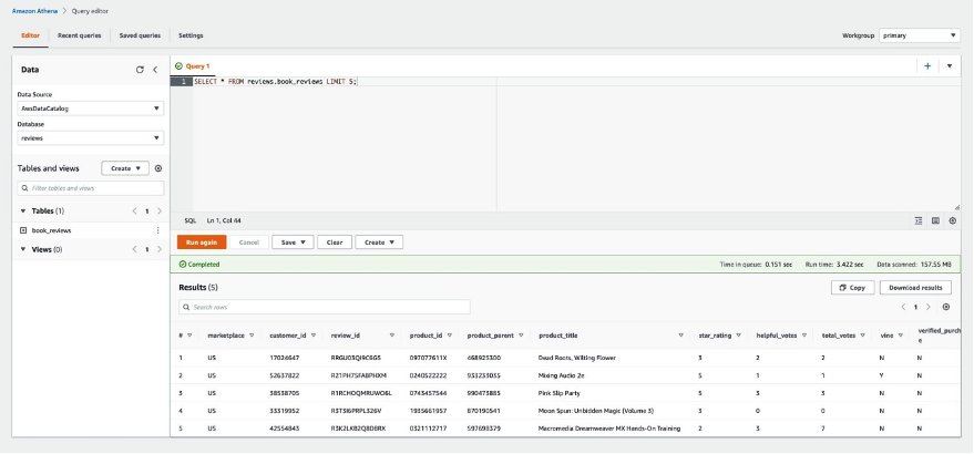 Amazon Athena 查询前 5 行并显示结果