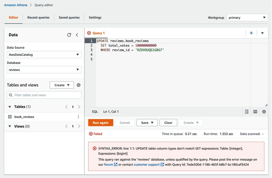 更新为大于允许的最大整数值的非常大的值会导致错误