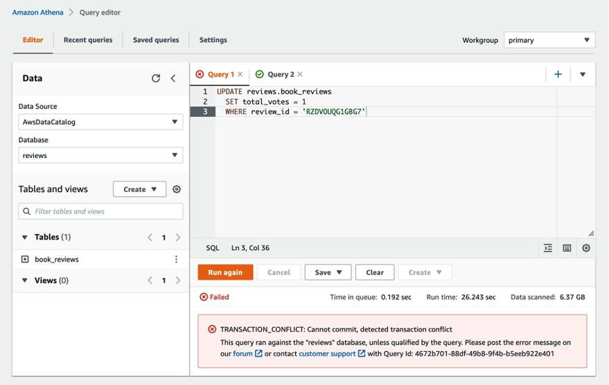 并发更新会导致失败。这显示了这种情况下的 TRANSACTION_CONFLICT 错误。
