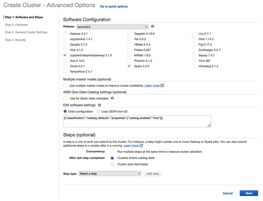选择 Amazon EMR 版本 6.6.0 以及 JupyterEnterpriseGateway 和 Spark。输入配置信息。