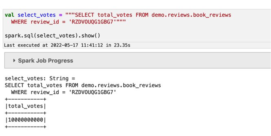 使用 Amazon EMR 笔记本进行查询时显示 total_votes 的最新值