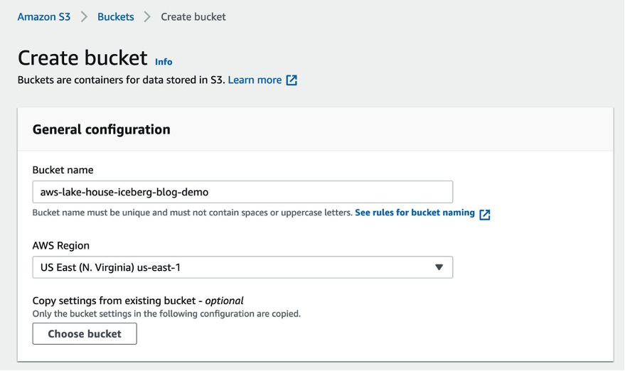 Create a new Amazon S3 bucket. Choose us-east-1 as region