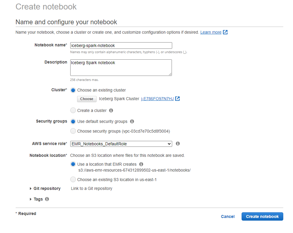 创建 Amazon EMR 笔记本。使用 EMR_Notebooks_DefaultRole