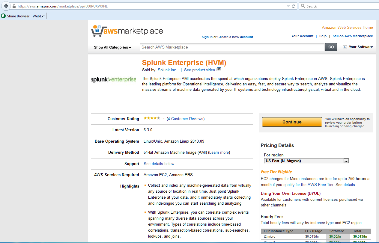 Splunk is available on AWS Marketplace