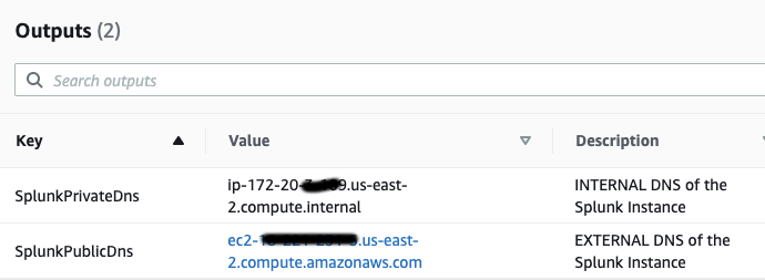 Splunk CloudFormation output screen