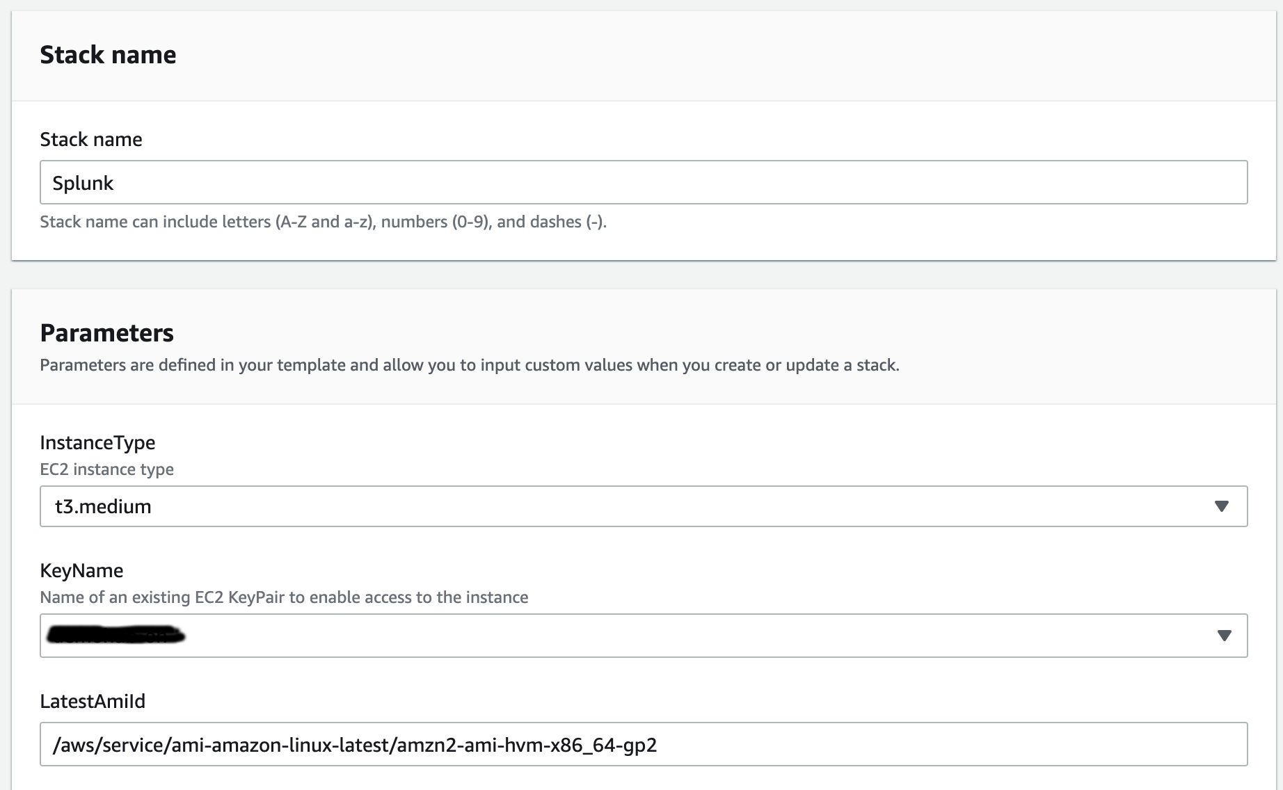 Splunk CloudFormation screen - 1