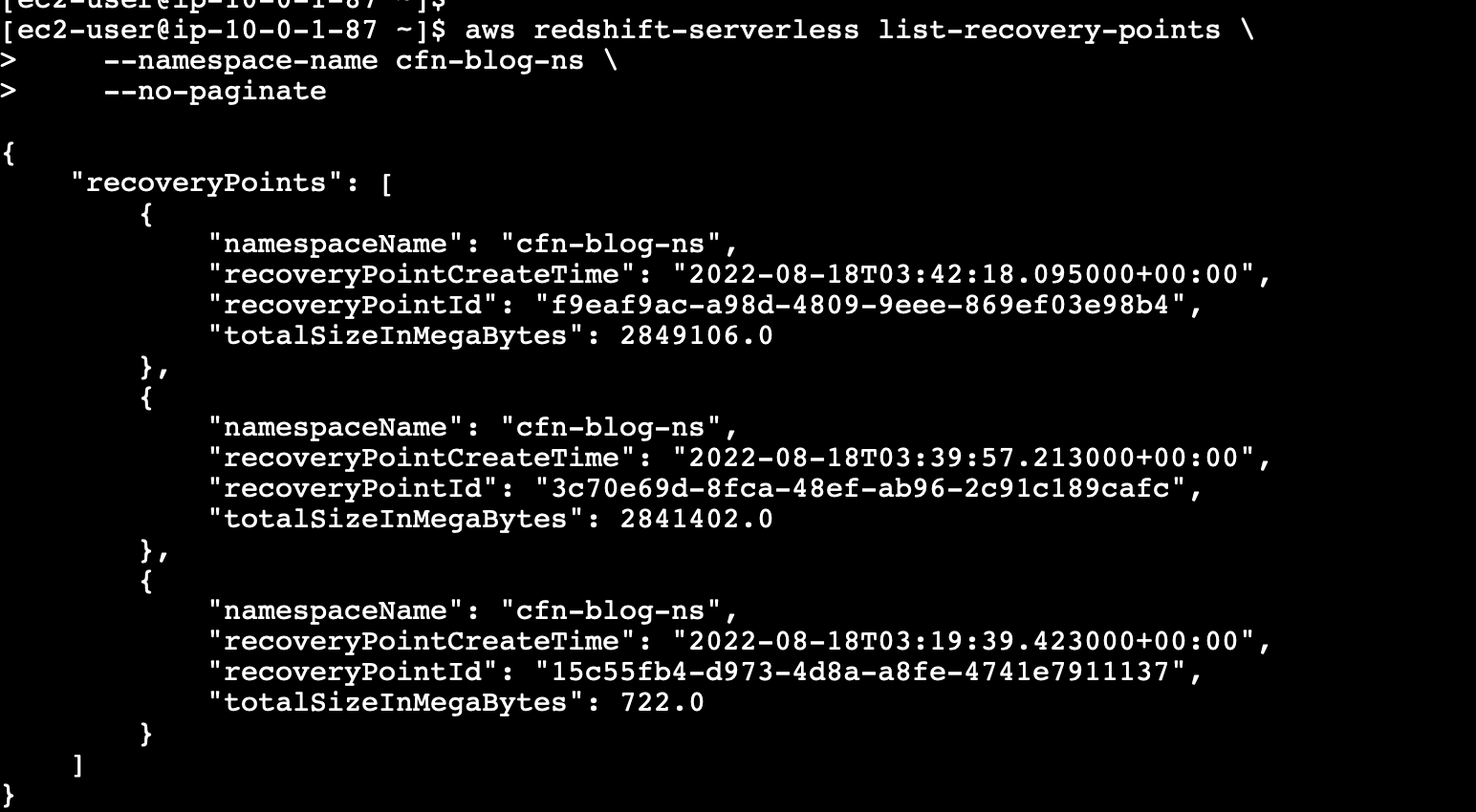 list recovery points