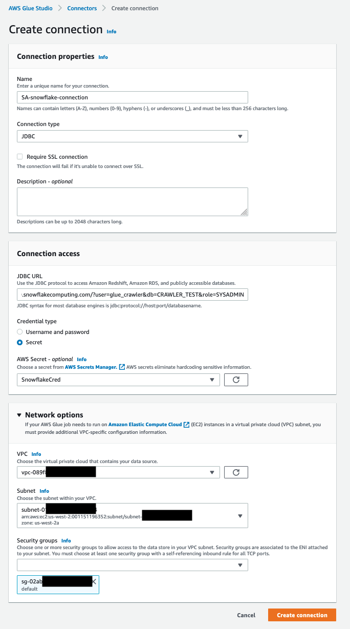 configuration used to create a connection to the Snowflake cluster for this post.