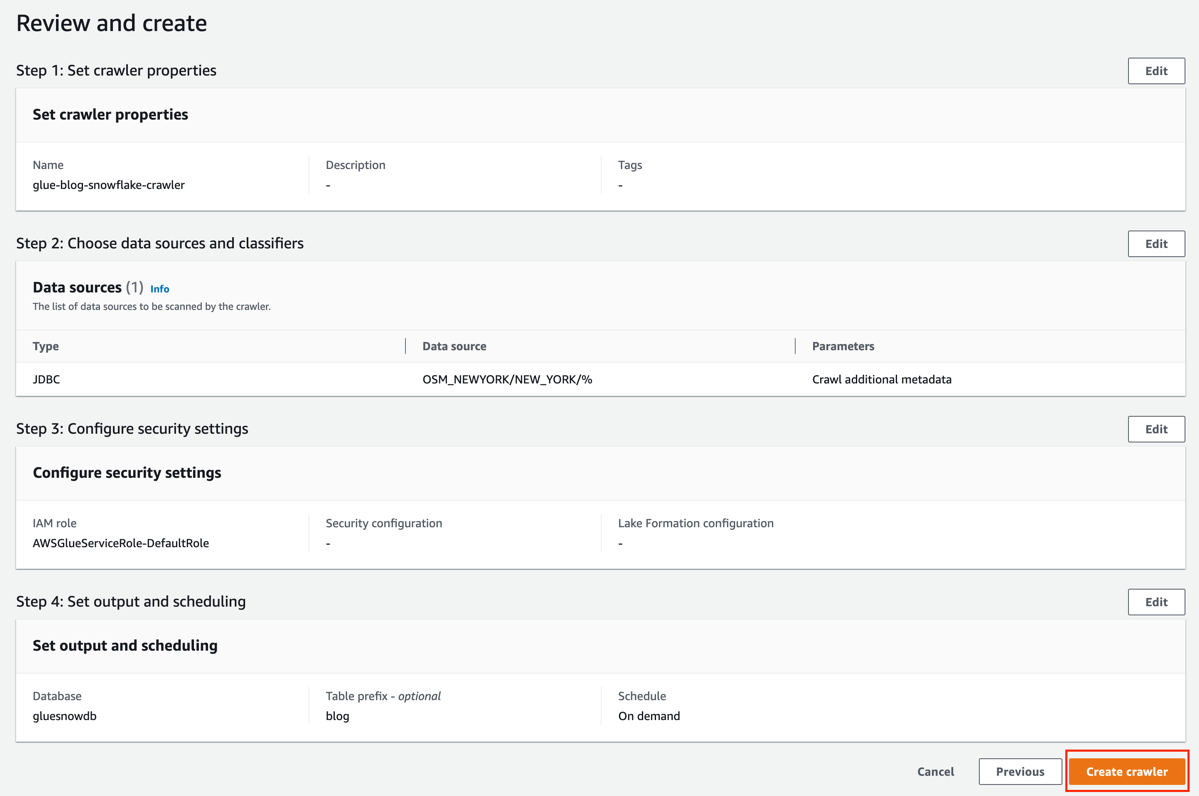 Review the configuration and choose Create crawler.