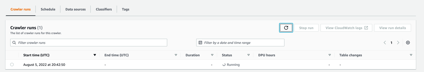 On the Crawler runs tab, you can see the current run of the crawler.