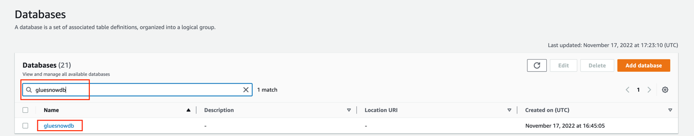 Search for and choose the gluesnowdb database.