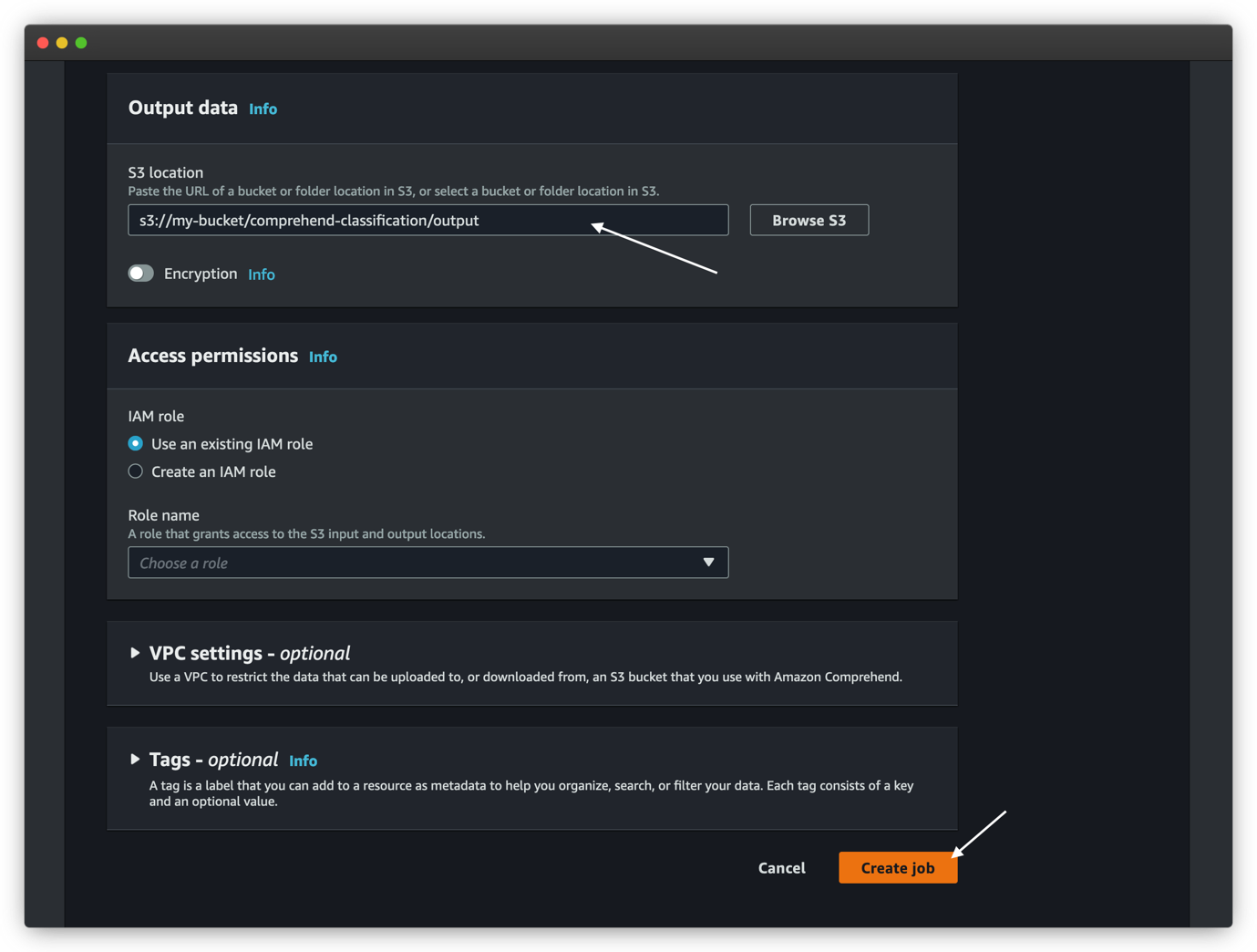 Choose Create job to start the job.