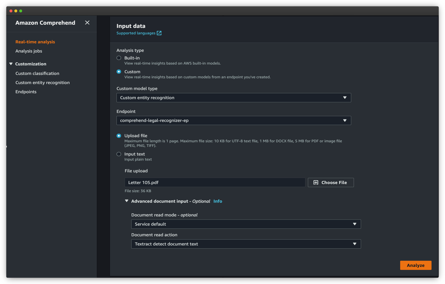 Choose Analyze to analyze the document in real time