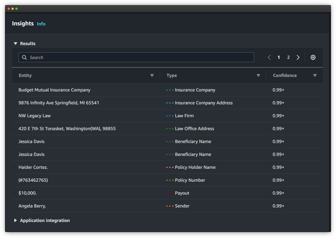 The recognized entities are listed in the Insights section. Each entity contains the entity value (the text), the type of entity as defined by your during the training process, and the corresponding confidence score.